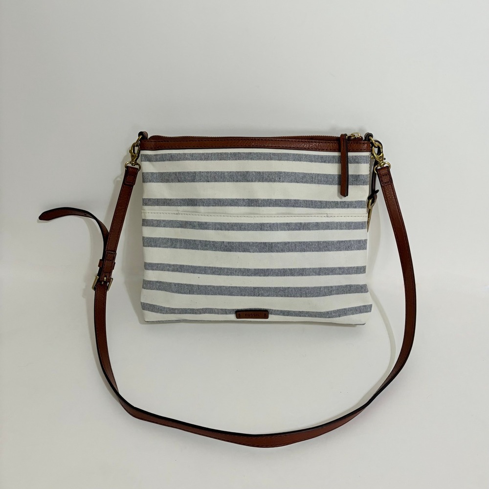 FOSSIL Fiona Blue WhiteStripe Large Crossbody Bag Purse Brown Faux Leather